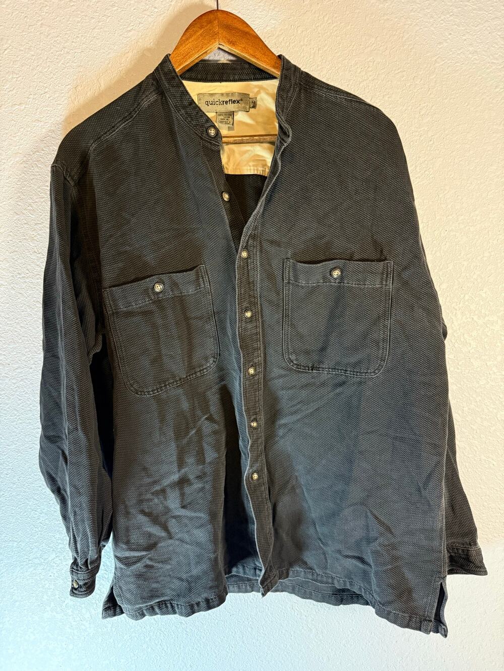 Quickreflex Medium Navy Textured Cotton Band Collar Button Front Shirt